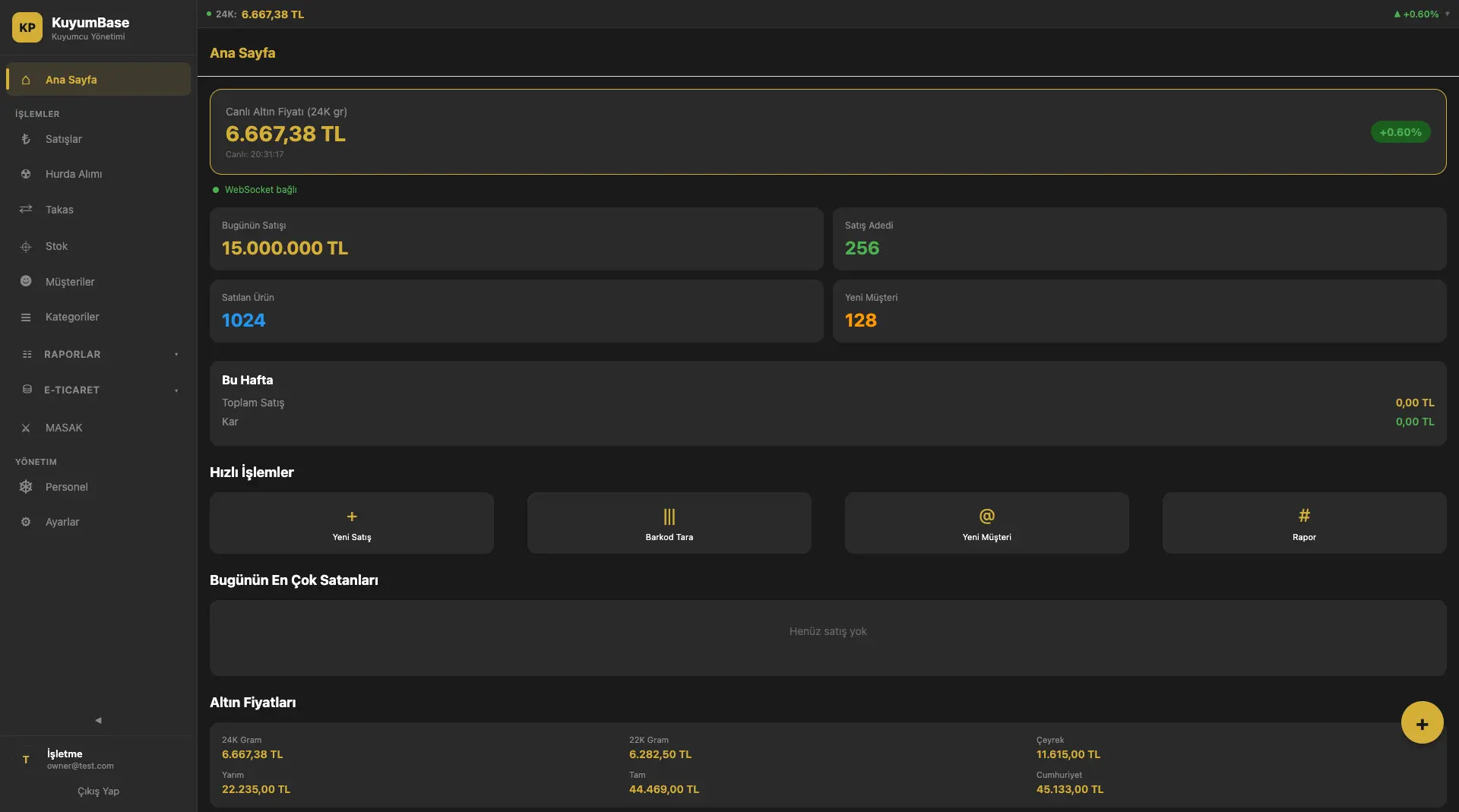 KuyumBase Dashboard - Kuyumcu yönetim paneli
